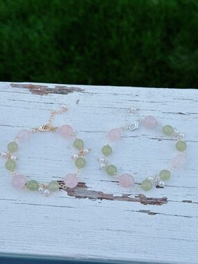 26B367 Handmade Freshwater Pearl Rose Quartz Jade Dainty Bracelet 6+2”